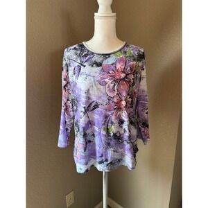 Jess & Jane Dragonflies Purple Floral 3/4 Sleeve Cotton Top Womens XL USA